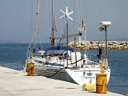 Motor Yacht Muzuri Sana moored at Kolimbari new harbour, July 2003.