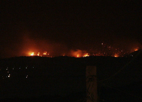 Fires rage at the eastern base of the Omalos mountains above Maleme, Crete.