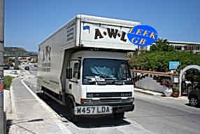 English shipping van from AWL Leek (staffordshire) outside Lefka Hotel Kolimbari