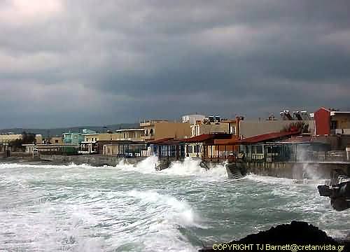Gale battered taverna promenade, Kolimbari, Chanion, North West Crete.