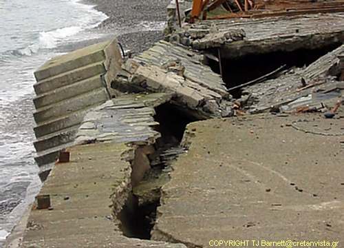 Storm damaged taverna promenade, Kolimbari, Chanion, North West Crete.