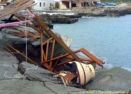 Storm damaged taverna promenade, Kolimbari, Chanion, North West Crete.