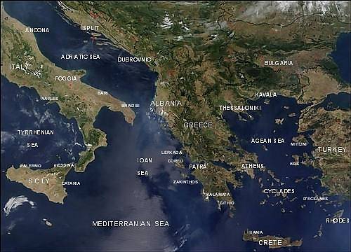 Map, Balkans, southern Italy, Sicily, coastal Turkey,  Agean, Adriatic, Ioan seas.